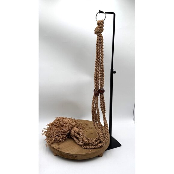 Vintage Macrame Plant Hanger Brown Wooden Bead Mid Century - Picture 1 of 6